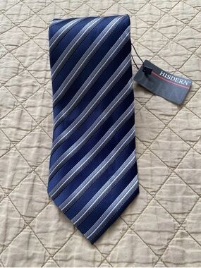 NWT Hisdern Neck Tie Mens Blue, Gray, White Silk Luxury Classic